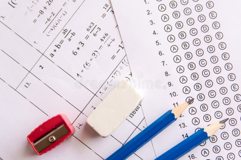 Pencil, Sharpener and eraser on answer sheets or Standardized te royalty free stock photography