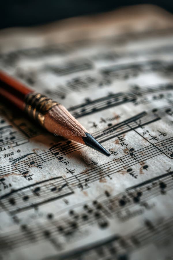 A close-up of a pencil resting over a sheet of music notation, symbolizing artistic creativity and the process of musical composition. The image highlights the intricate details of music notes and the tools used in creative endeavors. Paper notation stock images, royalty-free photos and pictures