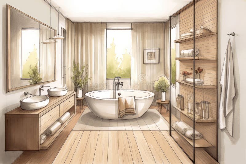 Pencil Sketch Cozy Scandinavian Bath Interior extreme closeup. Generative AI vector illustration