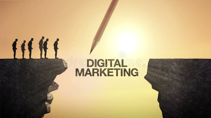 Pencil write `DIGITAL MARKETING`, connecting the cliff. Businessman crossing the cliff, business concept.