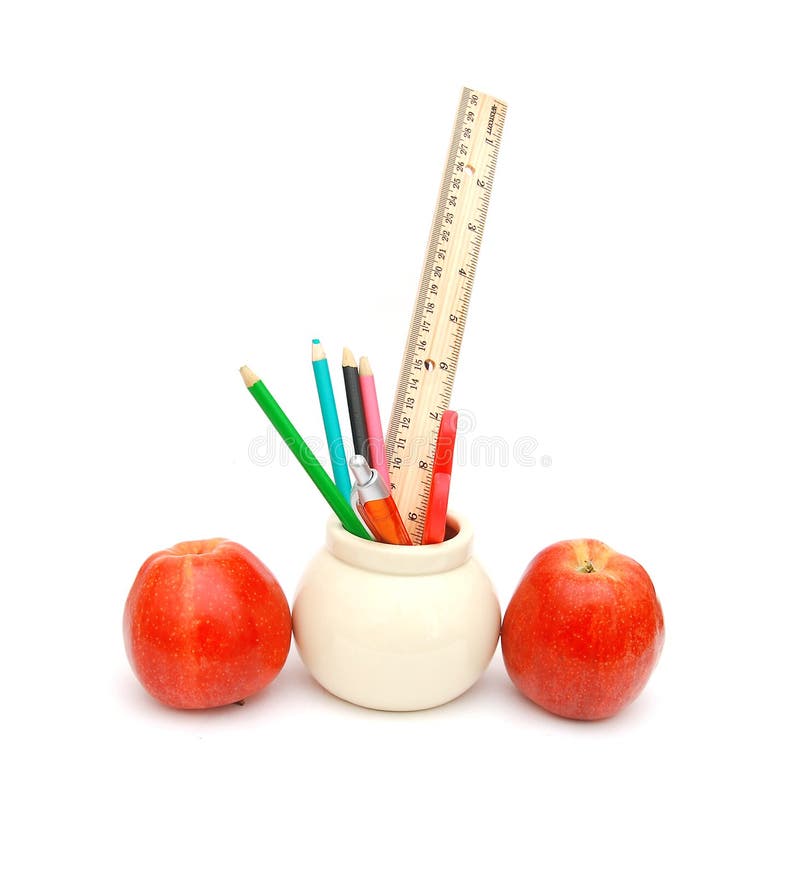 Pencils, Pen, Ruler And Apple Stock Image Image of ruler, study 17942261