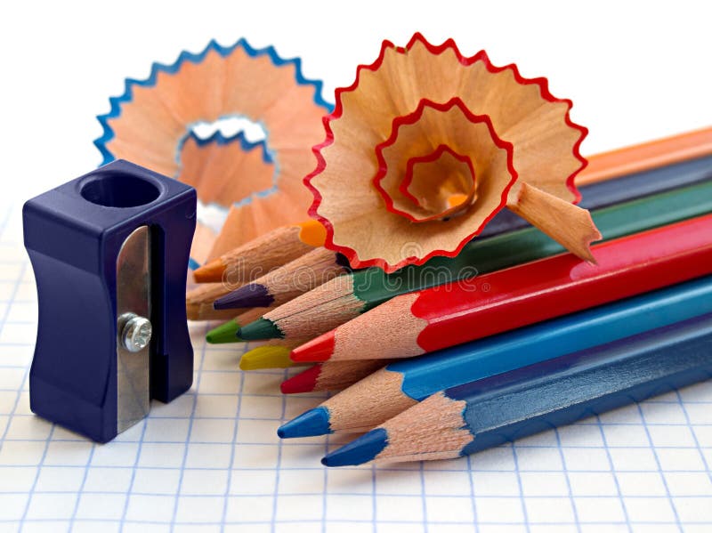 Sharpening colored pencils stock photo. Image of mess 18118066