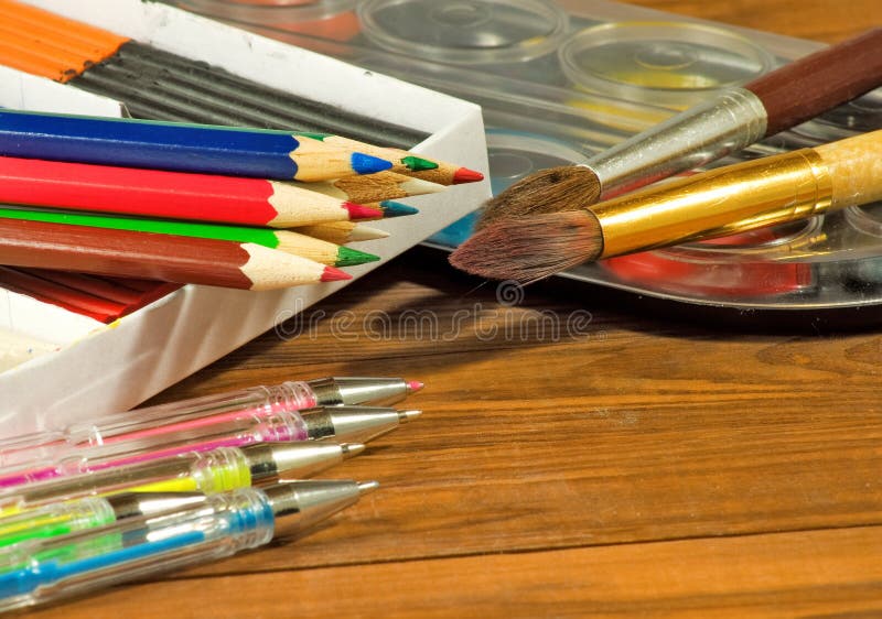 Pencils Pens Paint Clay Table Stock Photos Free & RoyaltyFree Stock
