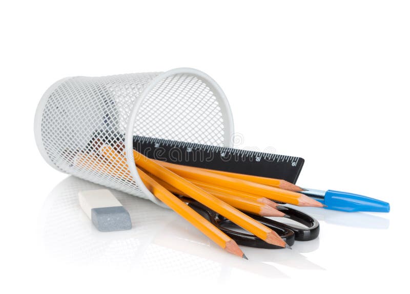 Pencils, pens, ruler, scissors and rubber