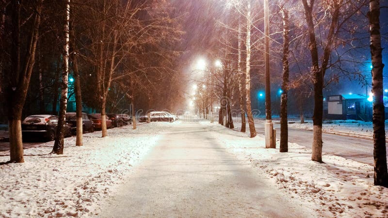 Pendant l'hiver dans la ville, une rue de nuit avec des phonories, un vent violent de neige En parc, la route est couverte de nei photographie stock Pendant l'hiver dans la ville, une rue de nuit avec des phonories, un vent violent de neige En parc, la route est couverte de nei photographie stock
