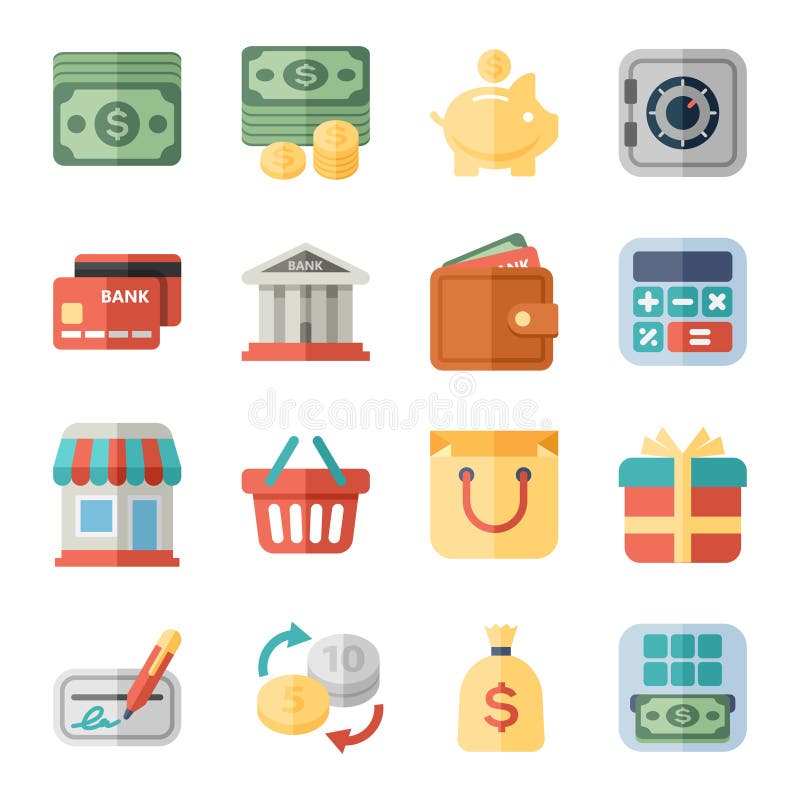 Pengar finans som shoppar plana symboler stock illustrationer Pengar finans som shoppar plana symboler stock illustrationer