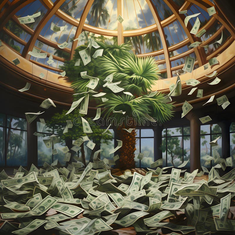 Pengar regn i glasrum med palmträd 3d renderingai genererad stock illustrationer
