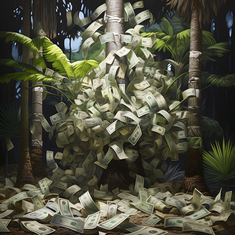 Pengar regnar i djungeln med palmträd och växter 3d-rendering stock illustrationer