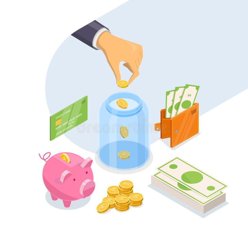 Pengarbesparing- och för bankinsättning affärsidé Isometrisk illustration för vektor som 3d isoleras på vit bakgrund vektor illustrationer Pengarbesparing- och för bankinsättning affärsidé Isometrisk illustration för vektor som 3d isoleras på vit bakgrund vektor illustrationer