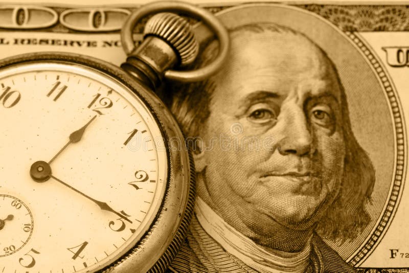 A stopwatch sitting on one hundred dollar bill background, time is money. A stopwatch sitting on one hundred dollar bill background, time is money