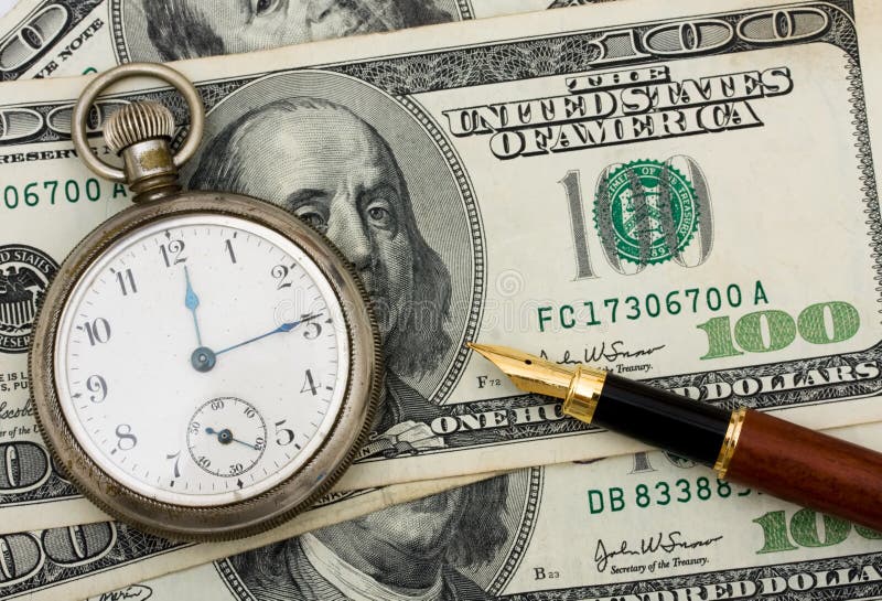 A pocket watch sitting on a hundred dollar bill background, time management. A pocket watch sitting on a hundred dollar bill background, time management