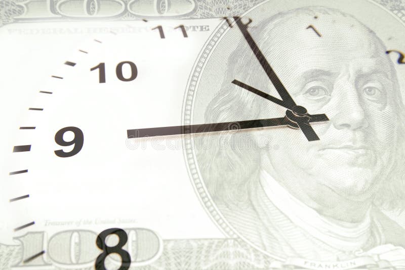 Time is money financial concept. Clock on U.S. hundred dollars. Time is money financial concept. Clock on U.S. hundred dollars.