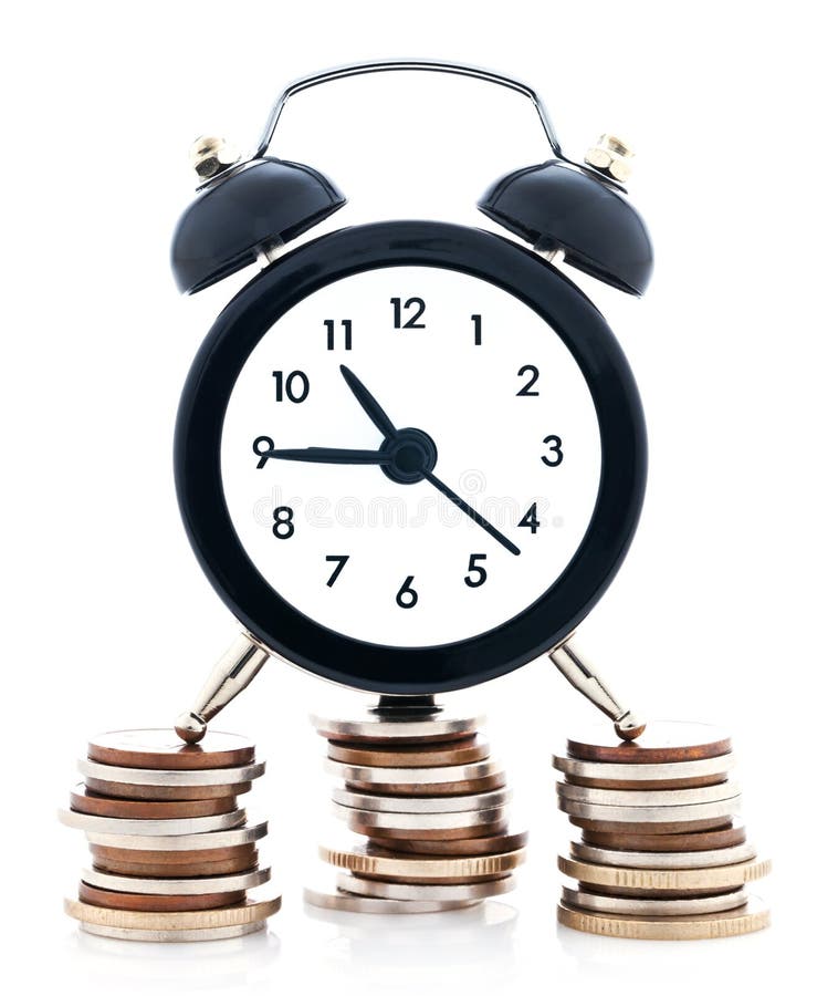 Time is money concept, classic alarm clock on a stack of money, on white background. Time is money concept, classic alarm clock on a stack of money, on white background