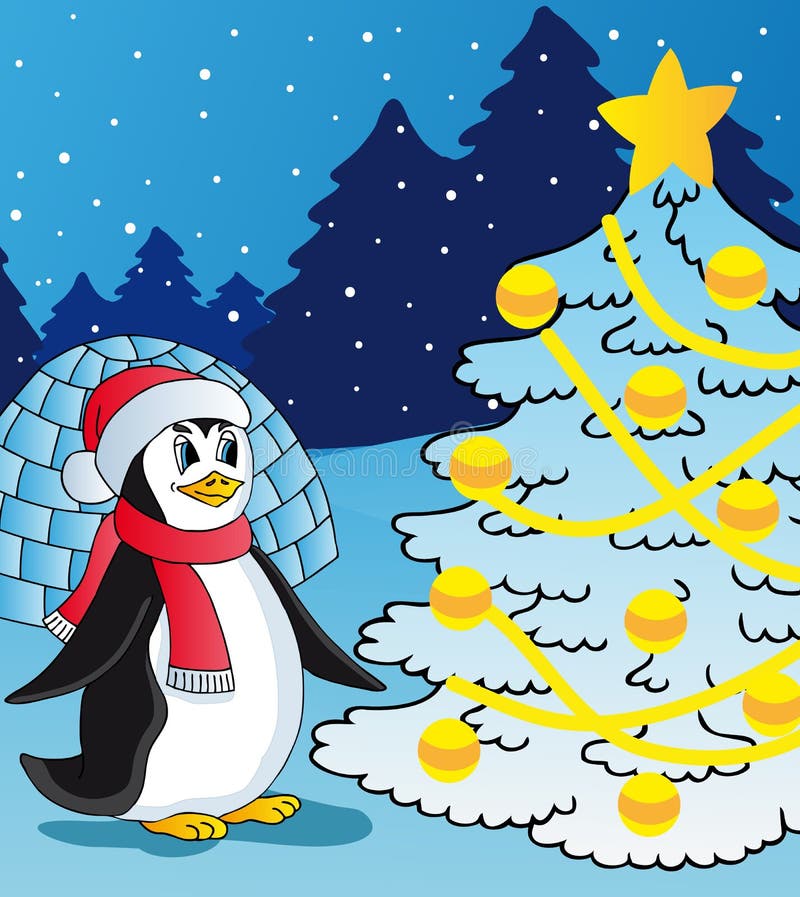 Penguin and christmas tree stock vector. Illustration of december