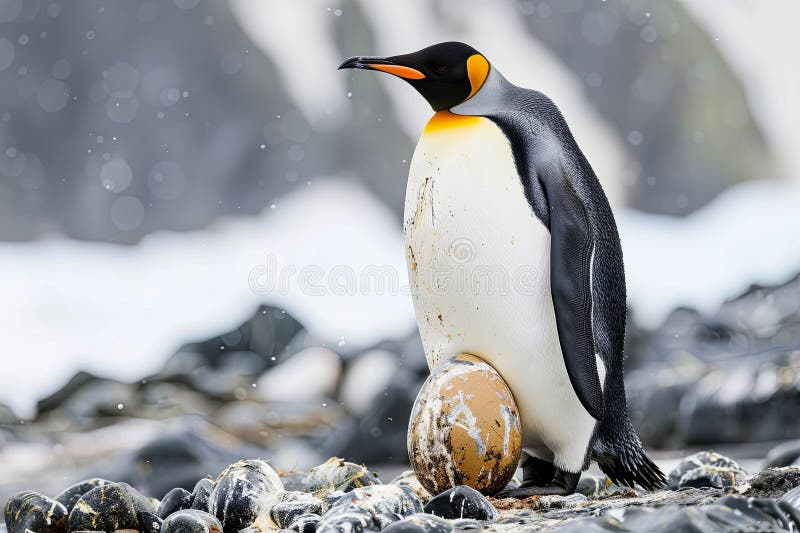 Penguin with an egg stands on top of rocky ground in its natural habitat