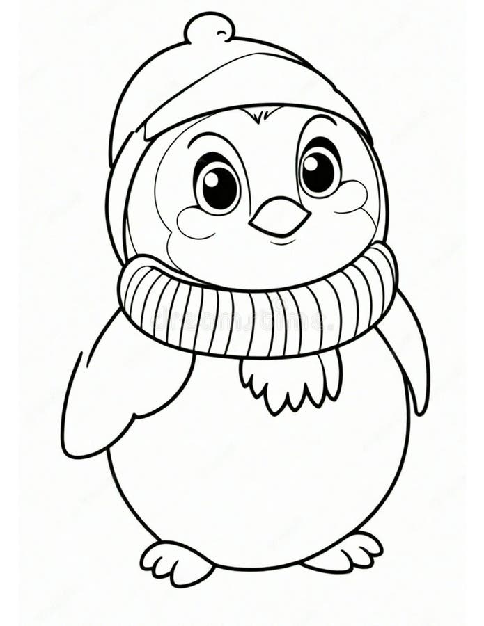 Penguin in a hat coloring page for winter and christmas for kids vector illustration
