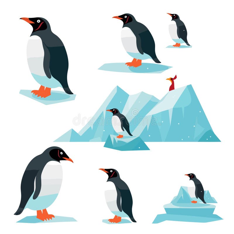 Penguin Near Ocean Set Vector Flat Minimalistic Isolated Illustration