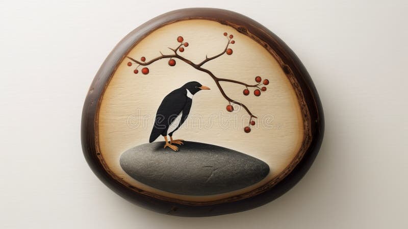 penguin perched on a stone captured by martin tait in june-september 2012. the nature-inspired piece showcases inlay, eastern brushwork, bentwood, and naturalistic renderings. the artwork is presented in a cranberry core and is in the tondo style. ai generated. penguin perched on a stone captured by martin tait in june-september 2012. the nature-inspired piece showcases inlay, eastern brushwork, bentwood, and naturalistic renderings. the artwork is presented in a cranberry core and is in the tondo style. ai generated