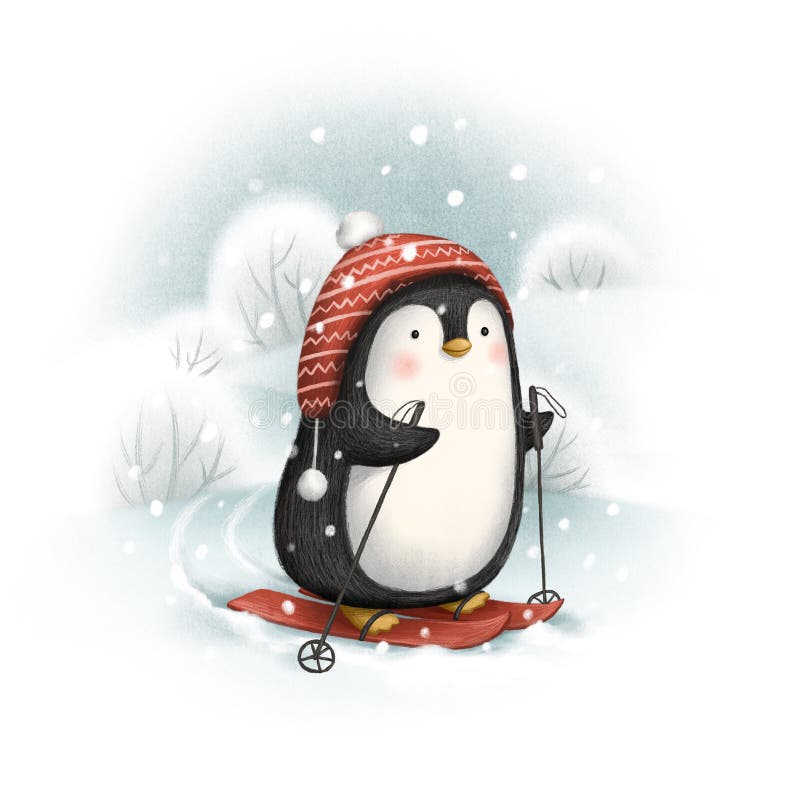 Penguin på skal. Söt illustration av babydjur. vykort för vinterillustration. royaltyfri illustrationer