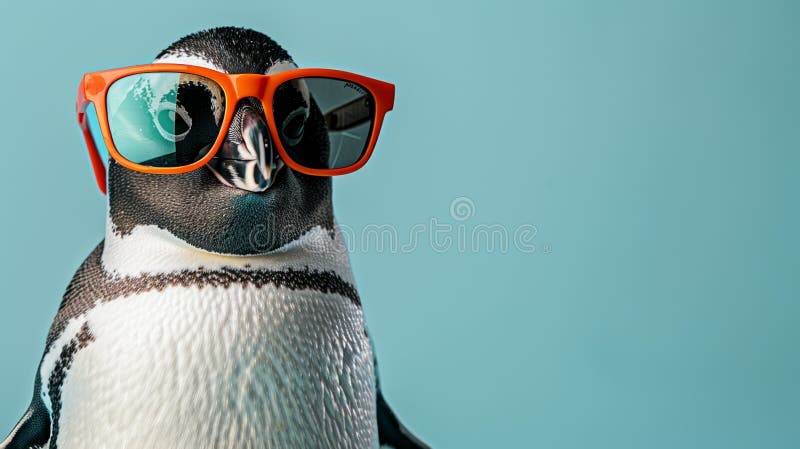 A penguin wearing orange sunglasses on a light blue background. The penguin is looking at the camera with a funny expression royalty free illustration