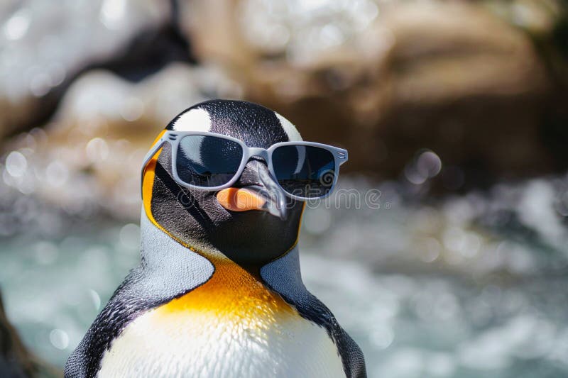Penguin wearing sunglasses, adding a touch of coolness to the Antarctic landscape. vector illustration