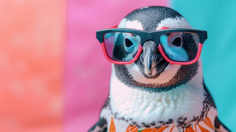 A penguin wearing sunglasses and a lei is standing in front of a blue and pink background. The penguin is looking at the camera vector illustration