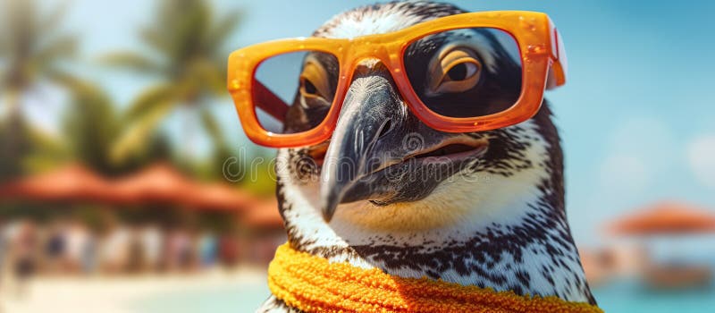 Penguin wearing sunglasses on a tropical beach Generative AI vector illustration