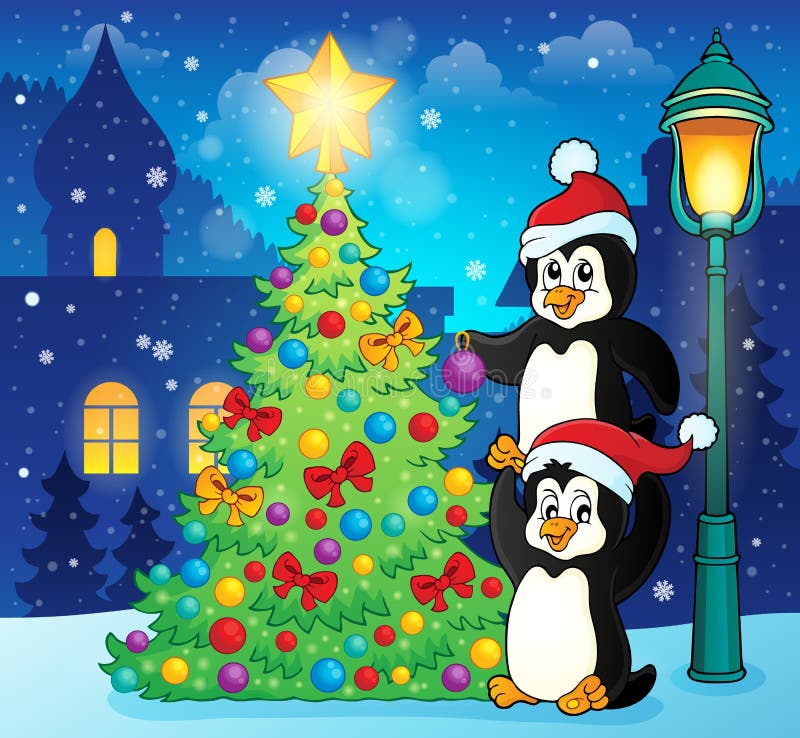 Penguins Near Christmas Tree Theme 3 Stock Vector Illustration of