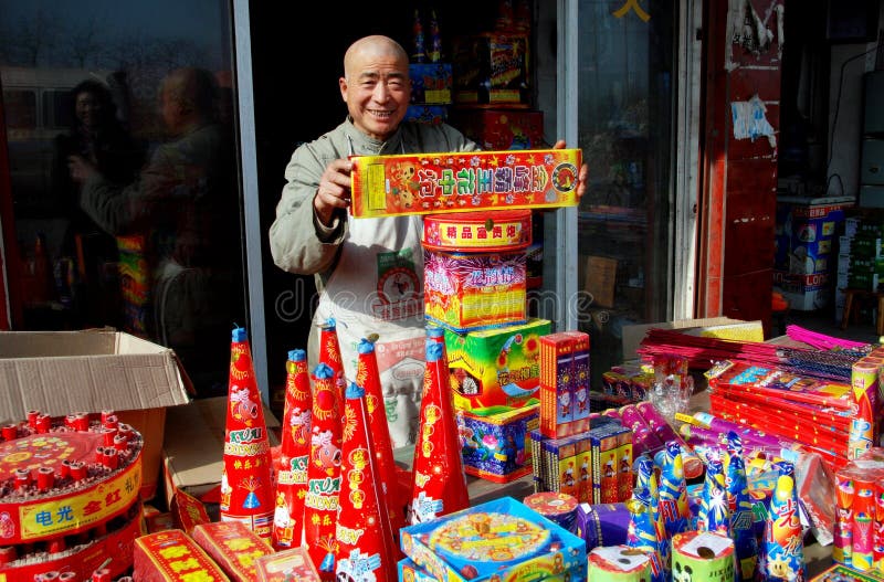 Pengzhou, China: Man Selling Holiday Fireworks