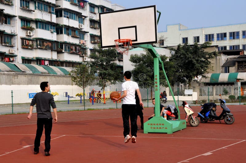 Pengzhou, China: Students Shooting Hoops royalty free stock photo