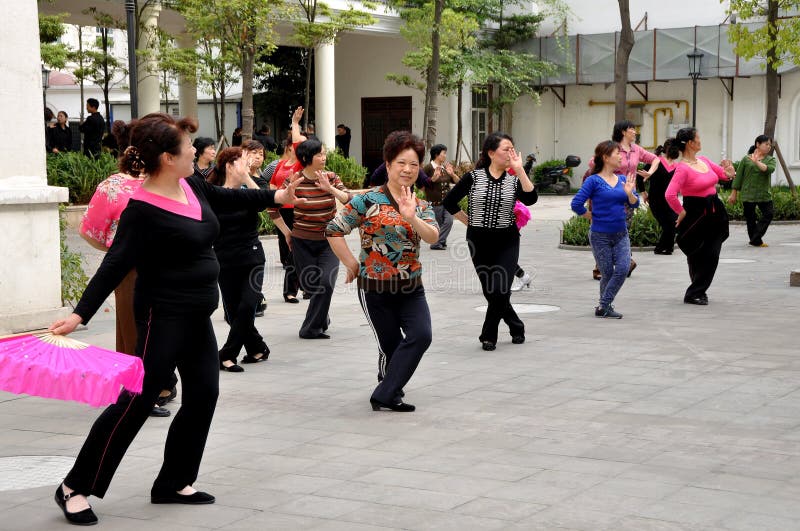 Pengzhou, China: Women Practise Dance Routine