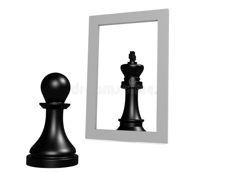 Peão do xadrez olhando no espelho e vendo o rei. conceito de  autoaperfeiçoamento, atingindo seus objetivos e motivação. render 3d.