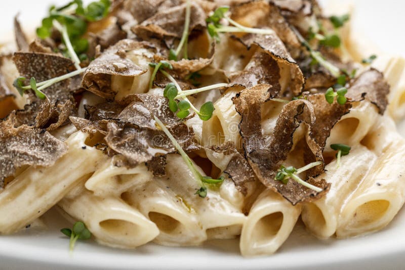 Penne creamy pasta with fresh truffles macro shot