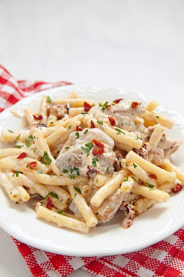 Penne Pasta with Chicken and Cream Sauce Stock Photo - Image of supper