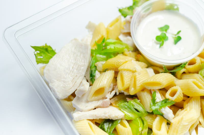 Penne Pasta in a Mayonnaise Dressing with Bacon Pieces Topped with