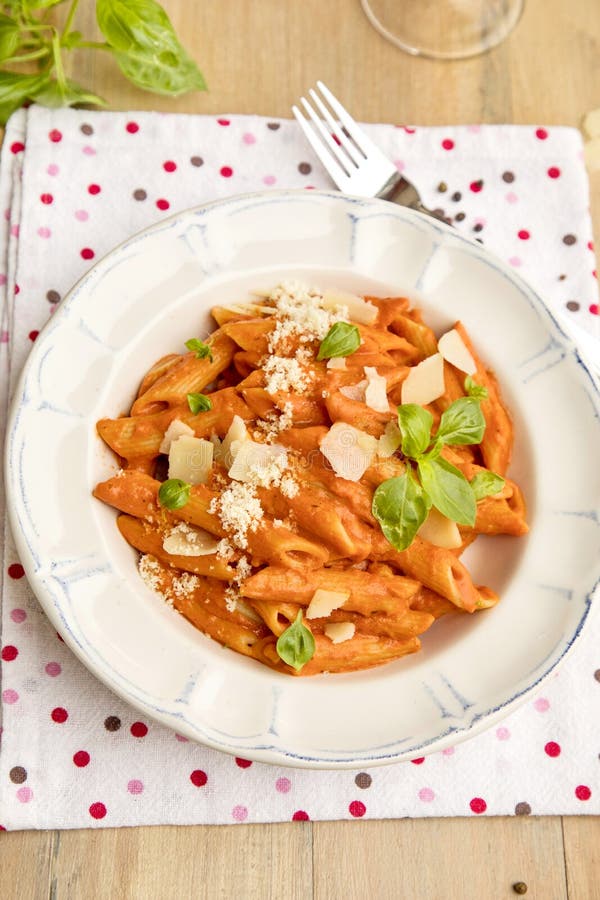 Penne pasta rigatoni in tomatsås med mascarpone fotografering för bildbyråer Penne pasta rigatoni in tomatsås med mascarpone fotografering för bildbyråer