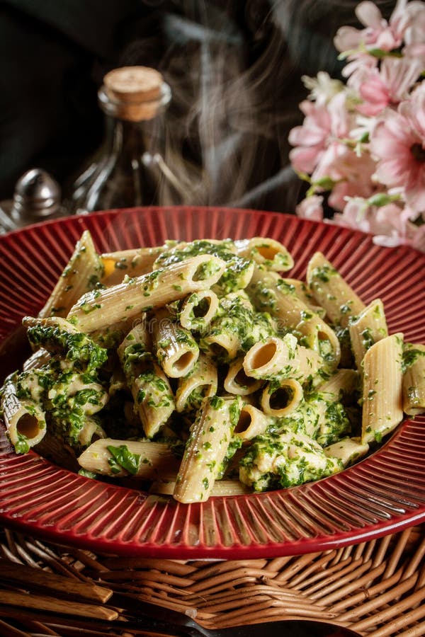 Penne Pasta with Spinach and Chicken Stock Photo - Image of homemade