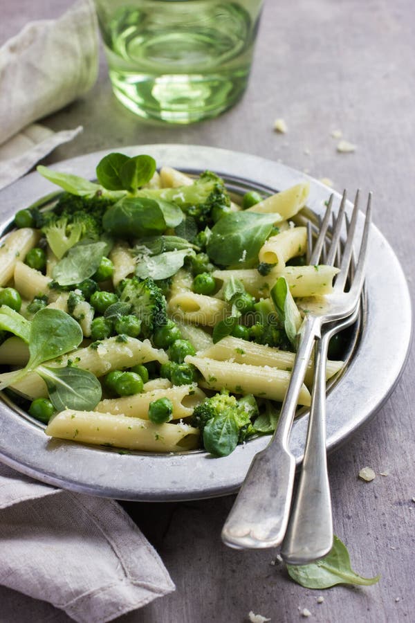 Penne Pasta with Spinach Pesto Sauce, Green Peas and Broccoli Stock Photo Image of basil