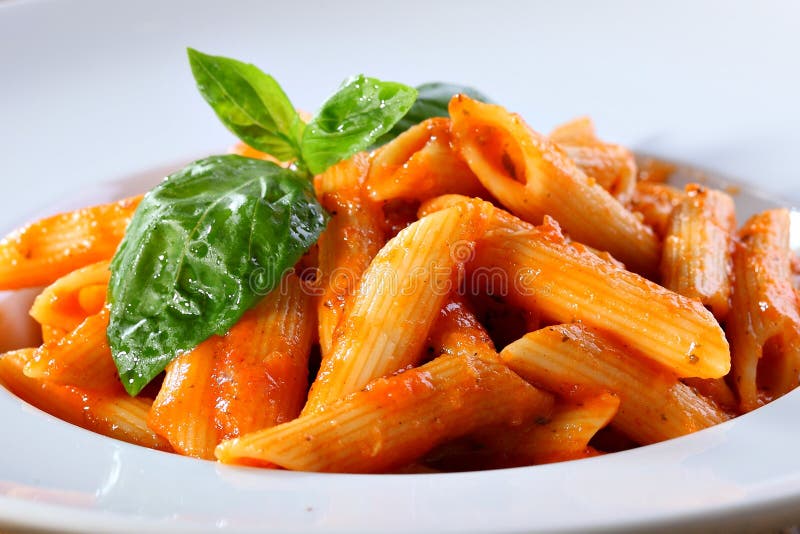 Penne Pasta in Tomato Sauce Stock Image Image of basil, meal 36347775