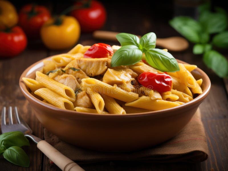Penne Pasta in Tomato Sauce with Chicken in a Bowl. Generative AI Stock