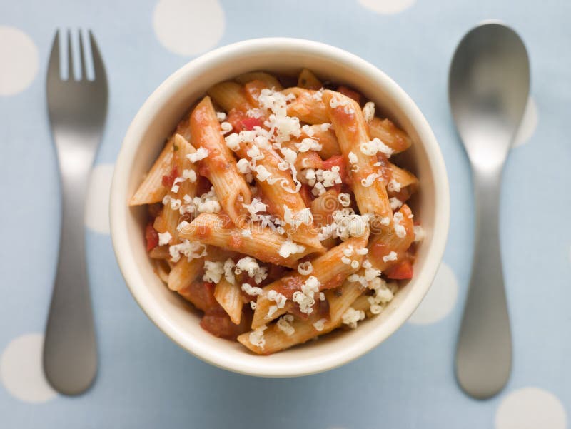 Penne Pasta Tomato Sauce and Grated Cheese Stock Image - Image of