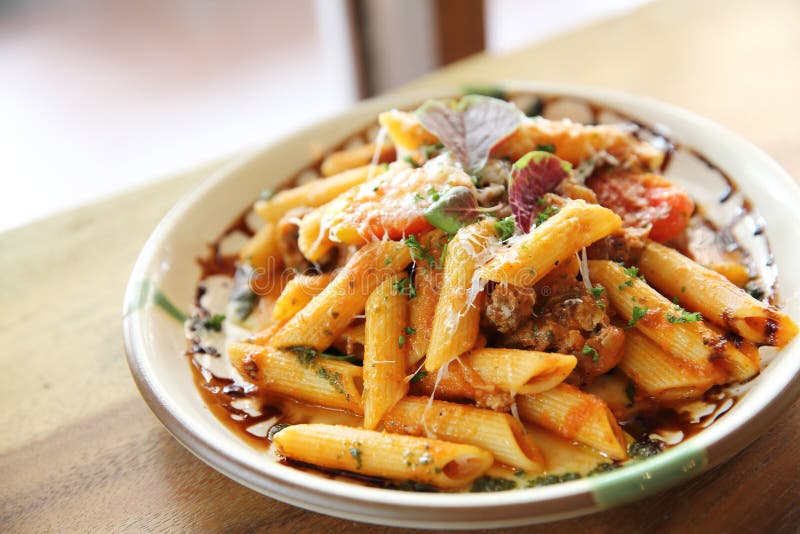 Penne Pasta in Tomato Sauce with Meatballs Stock Image - Image of