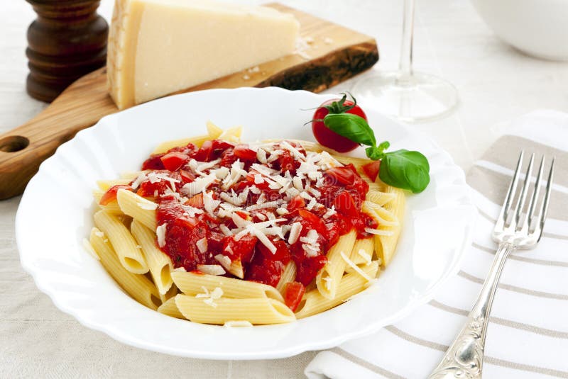 Penne Pasta With Tomato Sauce And Parmesan Cheese Stock Image Image