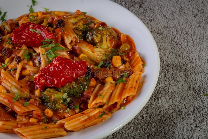 Penne Pasta with Tomato Sauce and Vegetables Stock Photo - Image of