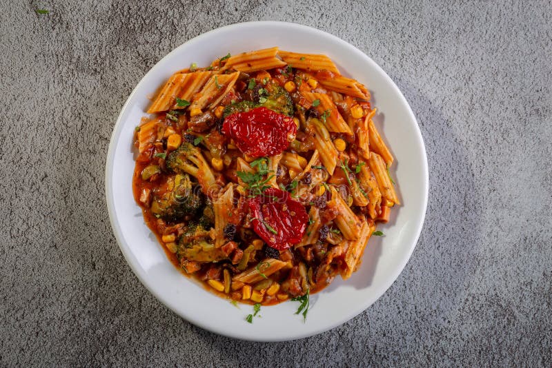 Penne Pasta with Tomato Sauce and Vegetables Stock Image Image of