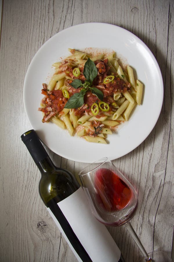 Penne and red wine stock image. Image of cheese, nutrition 64191203