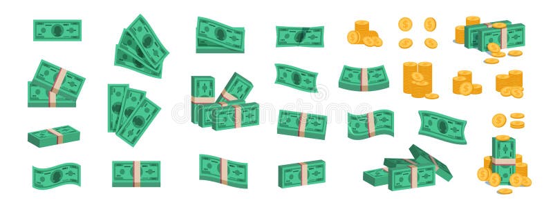 Penningpaket Valutasmynt och sedlar, insamling av en platt 3D grön dollarstack Glasbåge med gyllene mynt royaltyfri illustrationer Penningpaket Valutasmynt och sedlar, insamling av en platt 3D grön dollarstack Glasbåge med gyllene mynt royaltyfri illustrationer