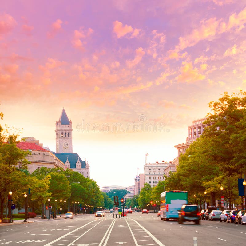 Pennsylvania Avenue sunset in Washington DC USA