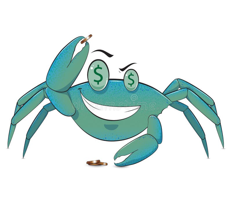 A highly detailed illustration of a smiling, money-crazed crab pinching a shiny penny. A highly detailed illustration of a smiling, money-crazed crab pinching a shiny penny.