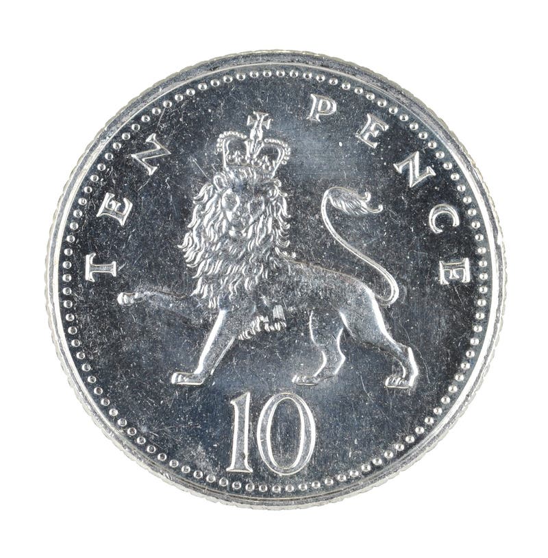 British currency. Ten 10 10p Pence coin featuring a crowned Lion. Isolated on a white background. Money. British currency. Ten 10 10p Pence coin featuring a crowned Lion. Isolated on a white background. Money.